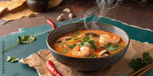 Tom Yum Soup Hot and Spicy Thai Food Background for Restaurant Advertising Banner Design