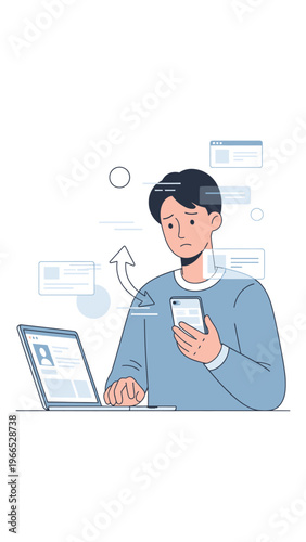 Man feeling overwhelmed by digital communication and information overload while using phone and laptop.