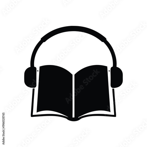 Audiobook concept illustration with headphones on an open book icon graphic