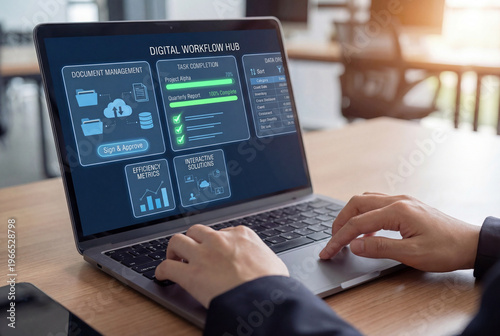 Fotografi Close up of professional hands on a laptop keyboard with a screen showing a digital workflow hub and document management system on a desk