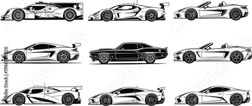 Collection of black and white car side-view silhouettes featuring race cars, sports cars, convertibles, and classic muscle automotive designs