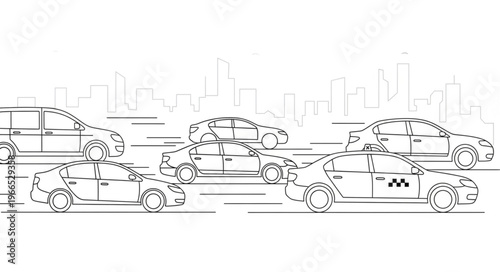 Cars driving on the road in a city, black and white illustration.
