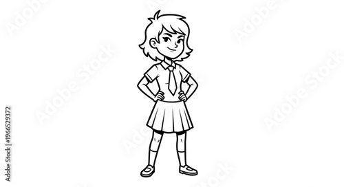Cartoon girl in school uniform standing with hands on hips.