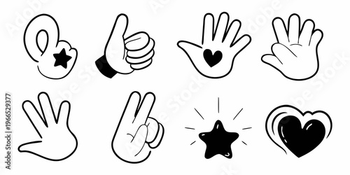 Collection of cartoon hands displaying various gestures and symbols