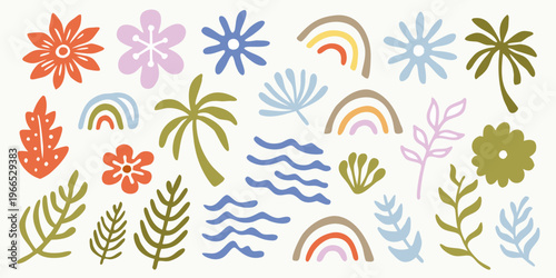 Colorful botanical illustration featuring flowers leaves and rainbow arcs