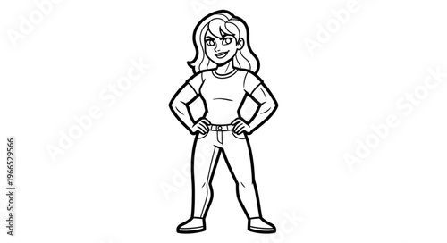 Cartoon Woman Standing Confidently with Hands on Hips.