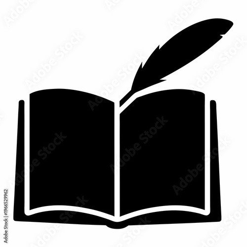Open book and quill pen on white background, symbol of literature