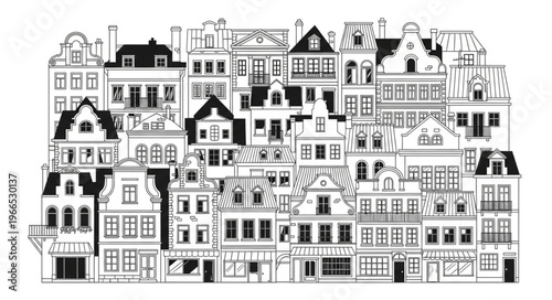 Charming Black and White Sketch of European City Buildings.