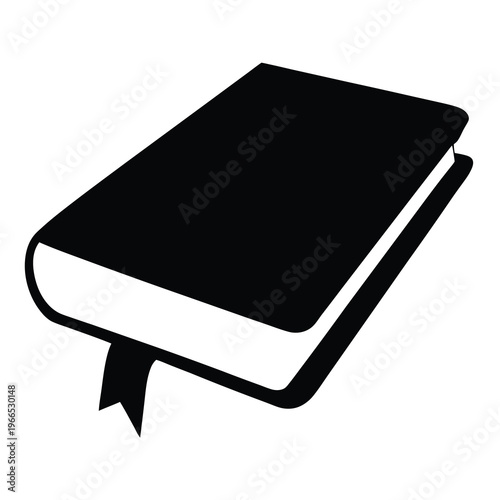 Black and white illustration of a closed book with ribbon bookmark