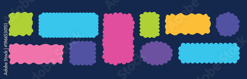 Сolorful label shapes on a dark navy background. Bright wavy rounded rectangles and badges for kids labels, stickers. Flat vector illustration with blank copy space.
