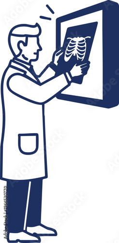 A professional doctor wearing a white coat is carefully examining a chest x-ray on a light box