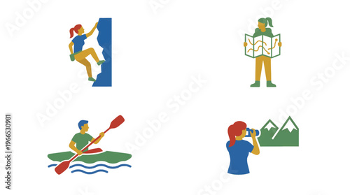 Active outdoor adventure icons, climbing, hiking, paddling