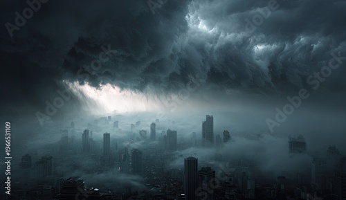 Dark, dramatic storm clouds loom over a foggy city skyline at dusk