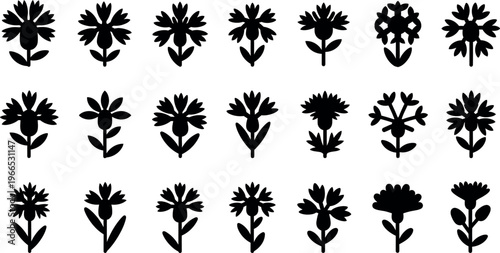 Black silhouette flower with stems and leaves white background
