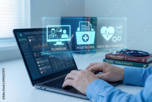 A person in a blue shirt uses a laptop with floating blue holographic healthcare icons for telemedicine and patient records next to a stethoscope and medical books on a desk.