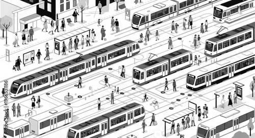 Busy urban train station with multiple trams and passengers.