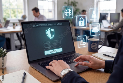 A person's hands type on a laptop keyboard displaying a secure corporate VPN login page with floating blue digital security icons on a wooden desk in an office.