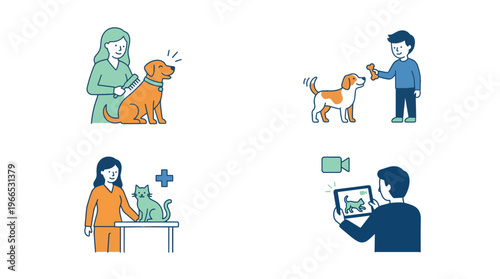 Pet care icons show grooming, treating, vet, camera