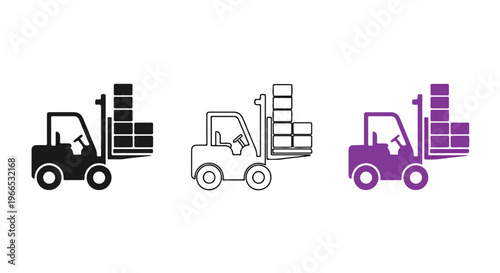 Three forklift icons in black, outline, and purple showing lifting cargo pallets for logistics and warehouse operations