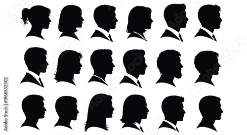 Black silhouettes of various people faces in profile vector graphic illustration