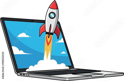 Business Start-up Concept: Rocket Launching from Laptop Screen. Vector Illustration of a Successful Project Launch, Innovative Digital Marketing Strategy, and Rapid Technology Growth Isolated on White