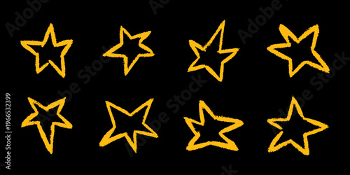 Gold chalk stars hand drawn doodle star set. Luxury textured elements for modern design and decoration. Stylish abstract elements ideal for branding, posters, invitations, packaging and trendy