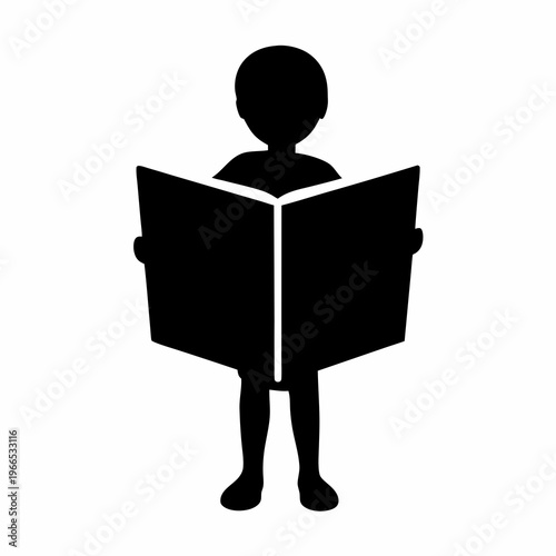 Simple silhouette of a child reading an open book in black and white