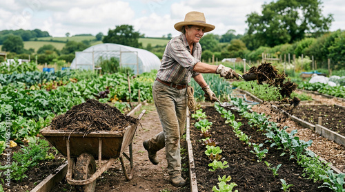 Gardener spreading compost in a vegetable garden.