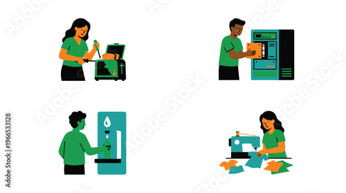 Four illustrations representing circular economy activities