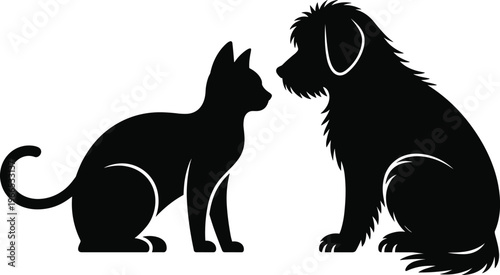 Cat and dog sitting face to face, black and white vector silhouette illustration of domestic pets, friendship and companionship concept, isolated animal design on background