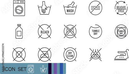 Print Laundry Care Instruction and Washing Symbol Icon Set