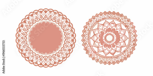 Two ornate reddish brown oval frames with detailed lace patterns
