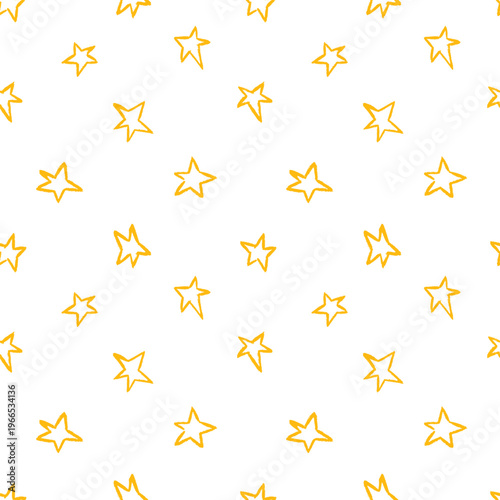 Hand drawn yellow Star seamless pattern. Simple gold rough doodle background. Perfect star elements for branding, packaging, digital projects.