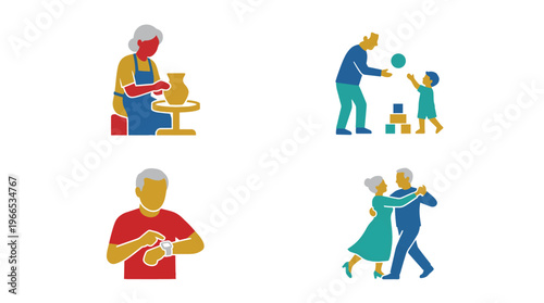 Seniors enjoy active lifestyle in retirement icons