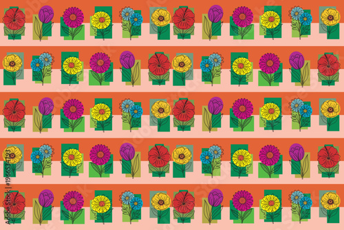 Abstract pattern line of flower on orange color background.