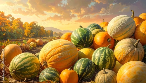 A vibrant autumnal scene of various pumpkins and gourds