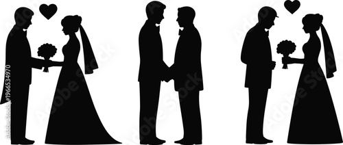 Diverse wedding couple silhouette set including traditional bride and groom along with same-sex male marriage for inclusive romantic celebration and formal invitation design projects.