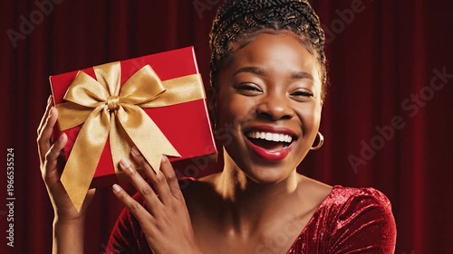 A joyful person with braided hair smiles brightly while holding a red gift box with a golden ribbon, celebrating a special occasion with excitement