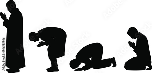 Muslim man praying silhouette set showing different positions like standing, bowing, prostrating, and sitting for Islamic religious festivals, prayer guides, and spiritual design projects.