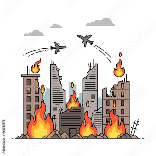 Warzone Cityscape: Destroyed Buildings, Airplanes, and Flames - Illustration