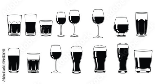 Various types of glasses filled with different amounts of liquid in a vector illustration design