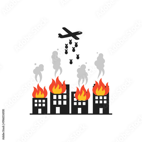 Airplane Dropping Bombs on Burning City Buildings, Warfare Concept Illustration