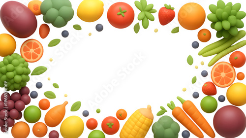 Fresh organic fruits and vegetables isolated on white background, healthy eating concept, vibrant natural colors, clean composition, realistic photography.