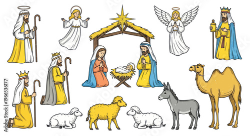 Nativity Scene Christmas Illustration with Mary, Joseph, Baby Jesus, Angels, Wise Men and Animals
