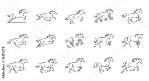 Set of Horse Line Art Icons: Galloping, Jumping, and Running Equine Figures