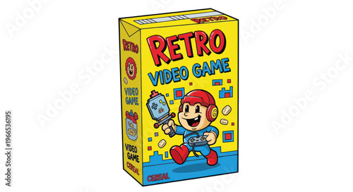 Retro Video Game Cereal Box with Cartoon Character Holding Controller