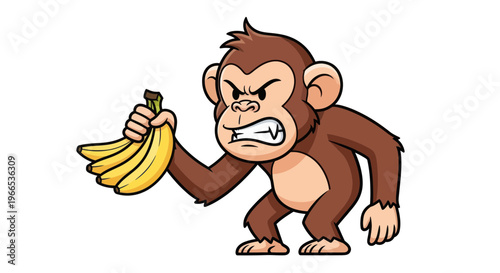 Angry Monkey Holding Bananas, Cartoon Character, Isolated on White