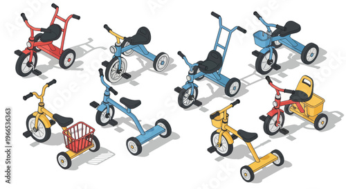 Collection of colorful children's tricycles in isometric view, isolated on white background.