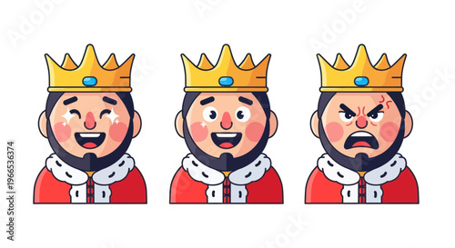 Cartoon King Faces: Happy, Surprised, Angry Emotions Set