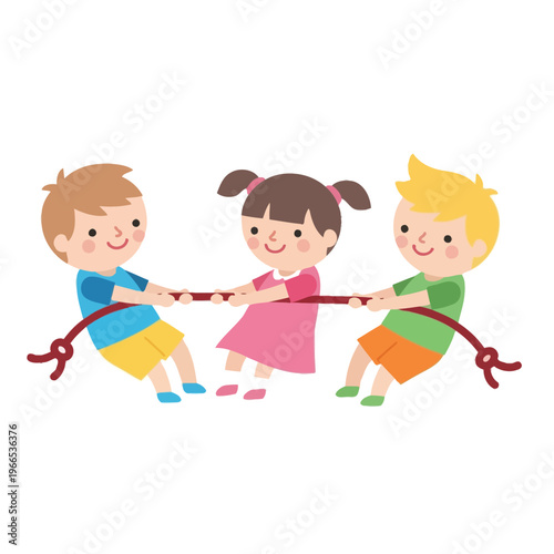 Children playing tug of war, fun outdoor team game for kids, happy childhood activity